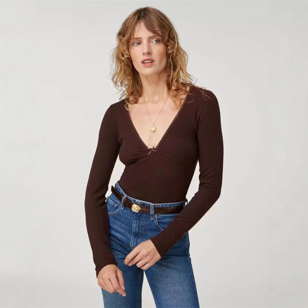 2025 knitted sweater women's RO24 autumn and winter new sexy V-neck bow slim-fitting long-sleeved knitted sweater bottoming shirt