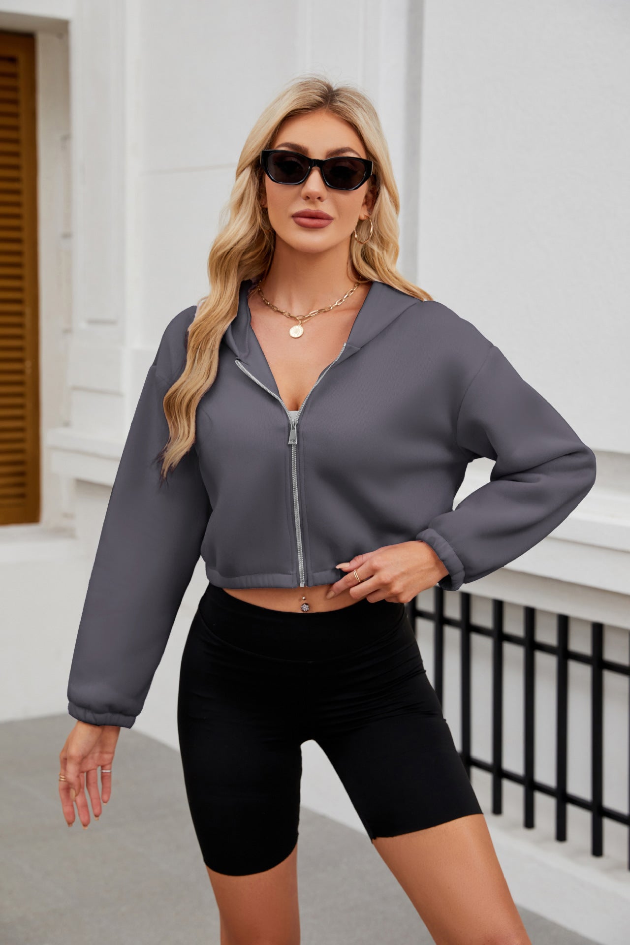 2025 Popular, , New autumn and winter new fashion zipper hooded solid color short long-sleeved sweater women