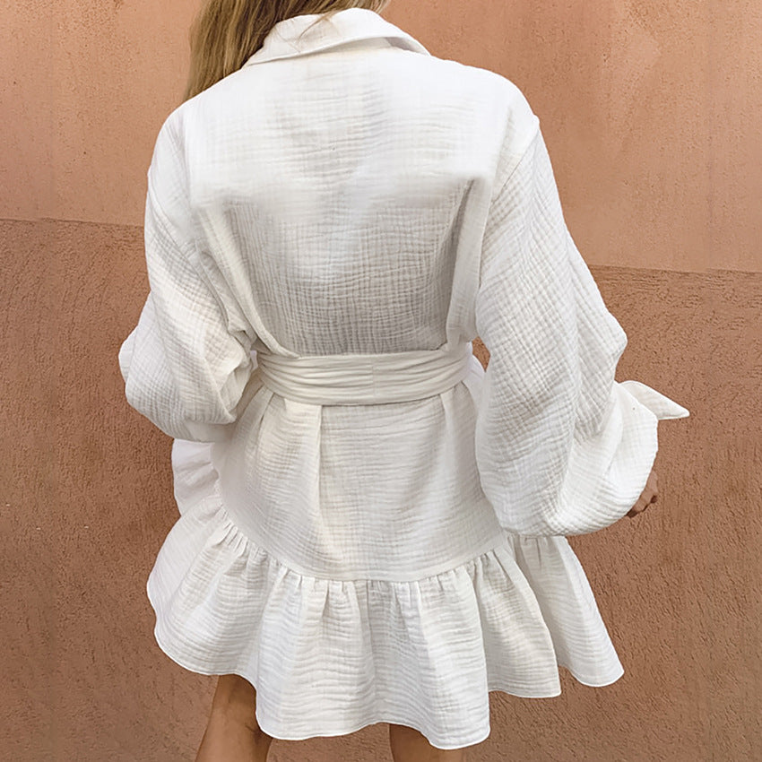 2025 White bubble crepe pure cotton lapel collar lace-up high-waisted dress popular spring and summer fashion new short skirt women's clothing