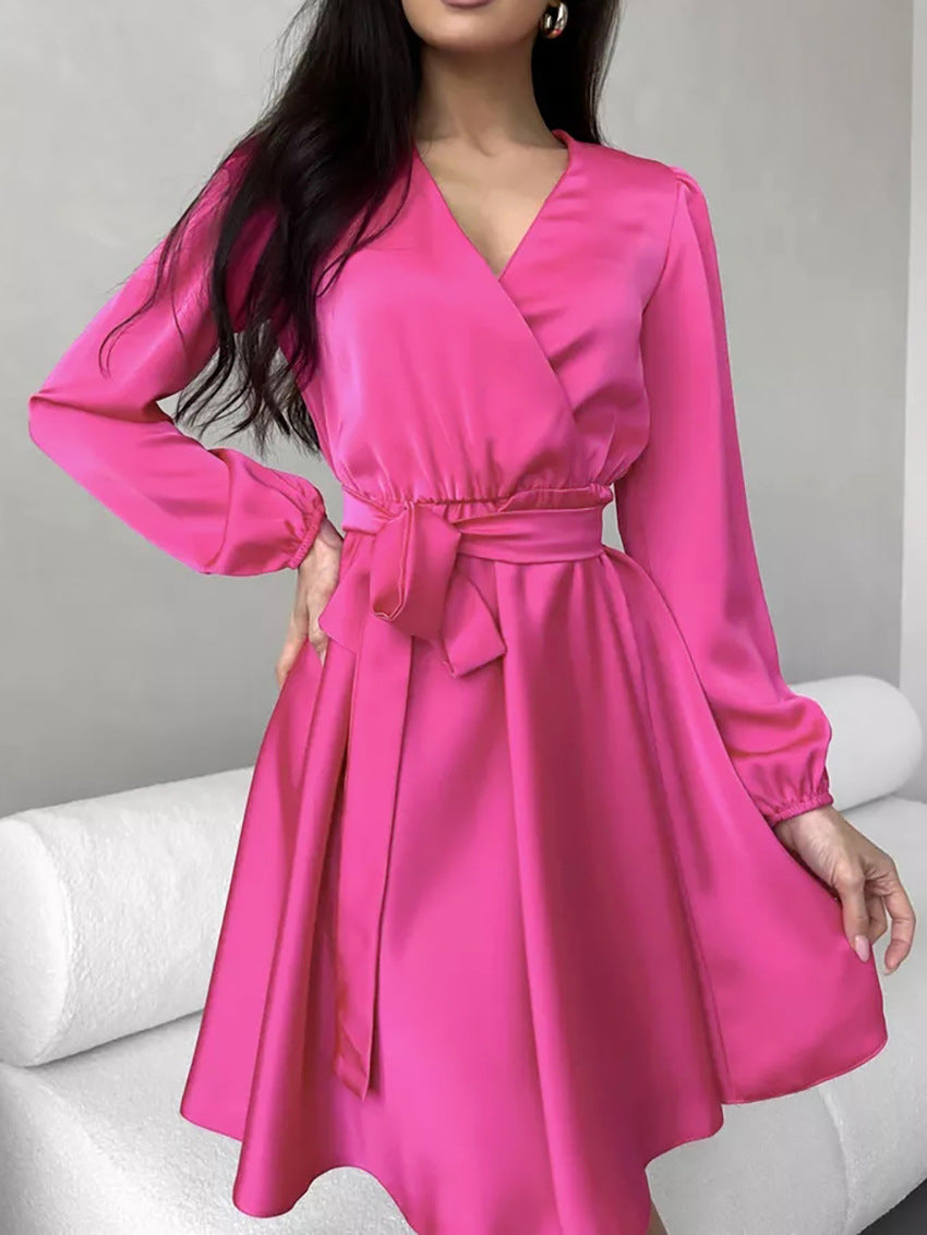 2025 Green satin V-neck lantern sleeve lace-up apron dress popularwildberries spring hot new products women