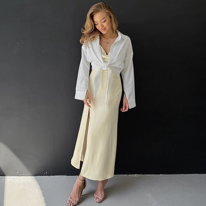 2025 Beige thin soft matte satin light luxury fashion sexy design swing collar suspender dress New women's clothing