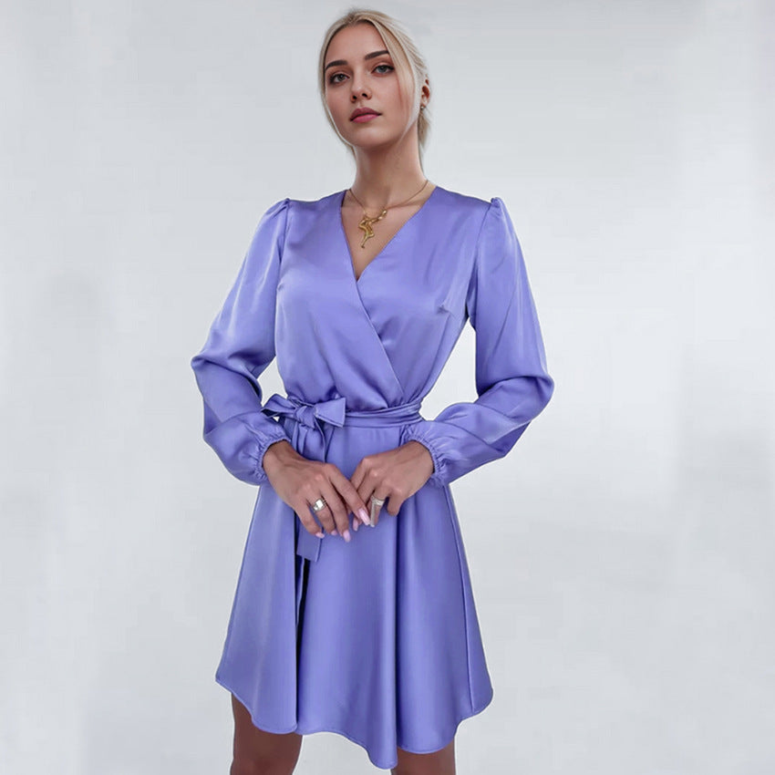 2025 Green satin V-neck lantern sleeve lace-up apron dress popularwildberries spring hot new products women