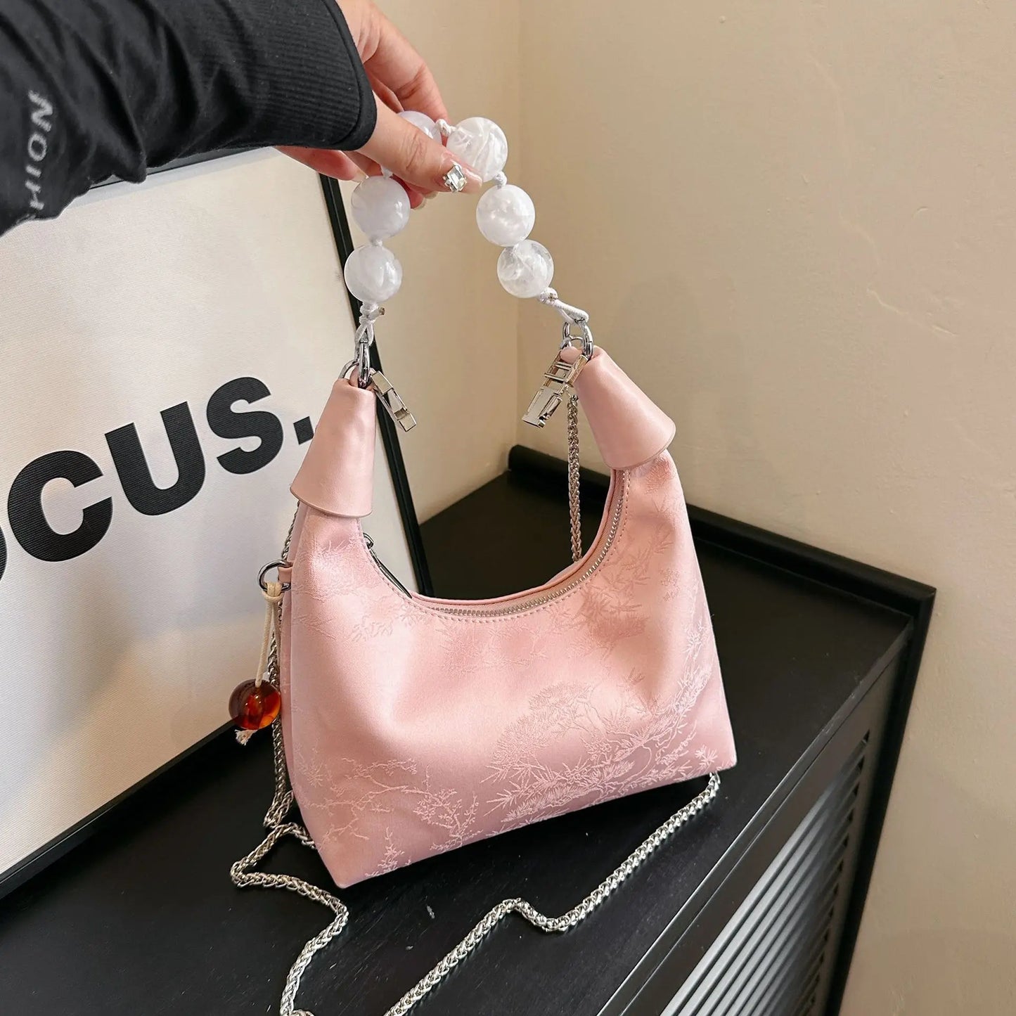 nvxiot - Trendy Beaded Handbags Vintage Fashion Chinese Style Small Tote Bags For Women Simple Silver Color Chain Shoulder Bag Crossbody