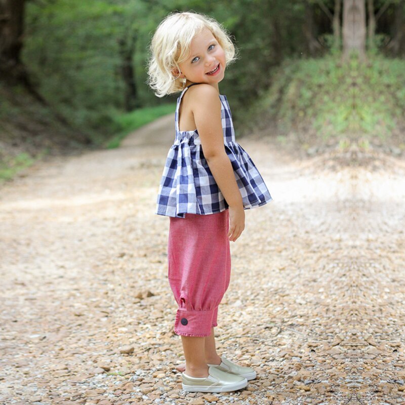 nvxiot 100% Quality Linen Girls Plaid Tops Summer New Children's Sleeveless Casual Loose Design Handmade Blouse TZ067