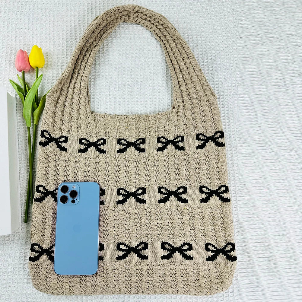 nvxiot - Knitted Handbags Large Capacity Bow Pattern Crochet Tote Bag Bow Pattern Crochet Tote Bag Multifunctional Knitted Shopping Bag
