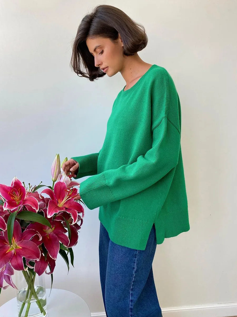 nvxiot Blue Basical O-Neck Slit Sweater Knitwear Women Autumn Long Sleeve Knitted Pullovers Loose-fit Casual Jumpers Clothing