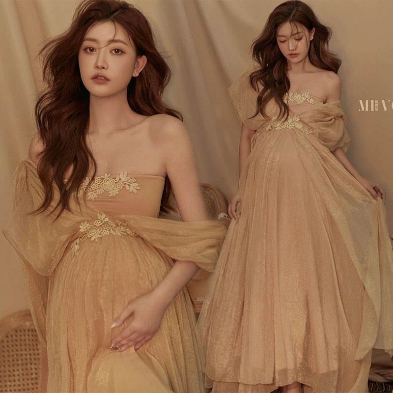nvxiot Pure Pregnant Women's Photo Clothing New Aesthetic Fairy High Setting Champagne Gauze Pregnant Mother's Dress Retro Sweet