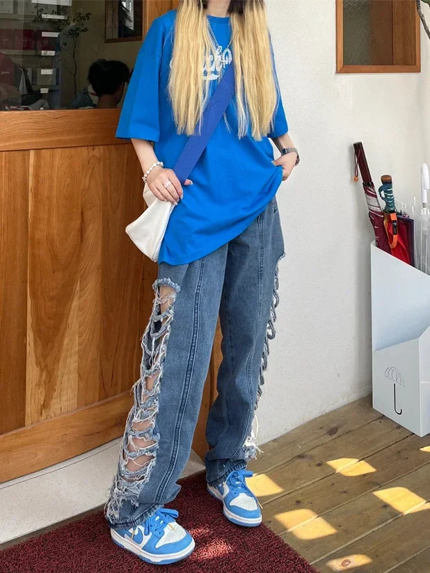 nvxiot - Side Ripped Hole Hollow Out Women's Jeans Denim Pant trousers punk hippie grunge 2023 fashion harajuku streetwear y2k high waist