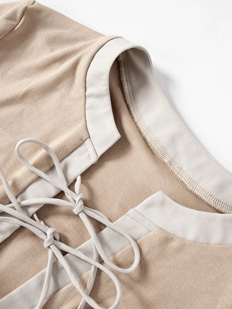 nvxiot - Fashion Short Sleeve Bandage T-shirt 2024 Woman Clothes O-neck Lace-up Slim Crop Top Streetwear Female Coffee Contrast Color Tee