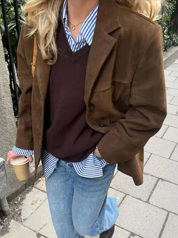MQTIME - Woman Fashion Brown Lapel With Pocket Jacket Vintage Single Breasted Long Sleeve Short Coat Autumn Lady High Street Outerwear