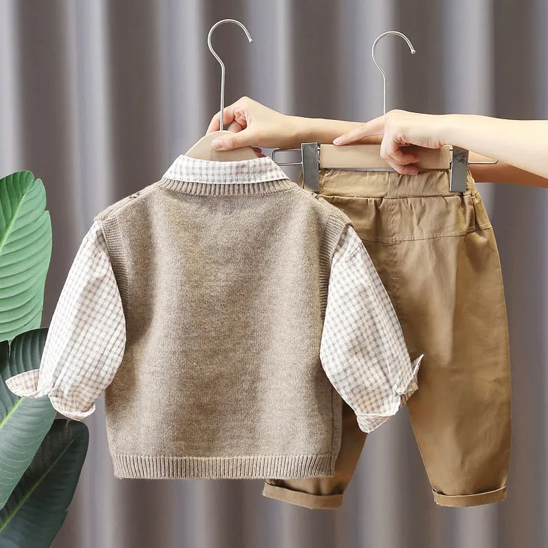 nvxiot Baby Spring Plaid Set New Boy Korean Vest Sweater + Shirt + Jeans Three-piece Sets Baby Toddler Handsome Fall Clothes Suit