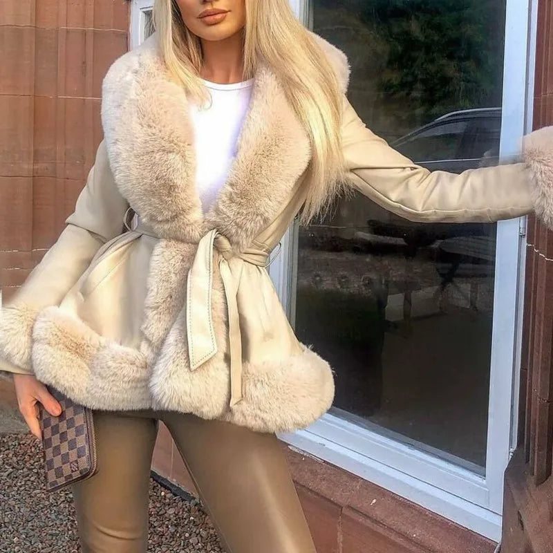 nvxiot - Faux Fur Spliced PU Leather Jackets with Belt Women Warm Winter Turn Down Collar Long Sleeve Slim Coats Streetwear Outwear