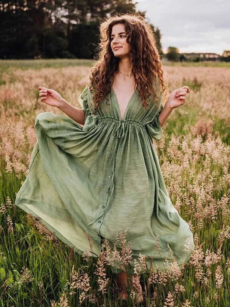 nvxiot - Boho Maternity Photography Props Dresses Button Decoration Pregnancy Photo Shoot Bohemian Baby Shower Long Dress Front Slit