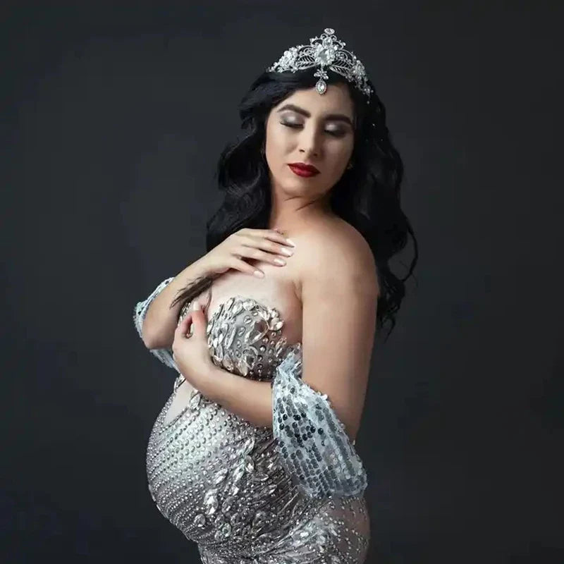 MQTIME - New Arrivals Elegant Shiny Rhinestones Off Shoulder Sexy Maternity Shoot Dress Sequin Fishtail Robe De Soiree