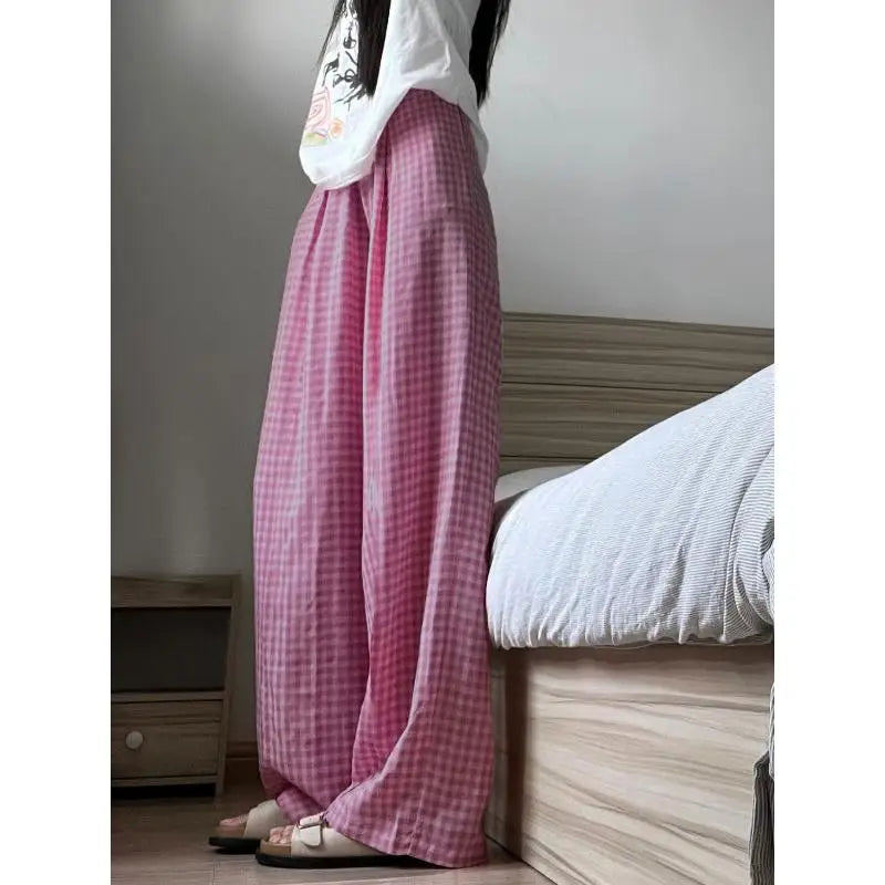 nvxiot - High Waist Loose Straight Long Pink Plaid Pant Women's Pants 2024 y2k Wide Leg Trouser Summer Boho Baggy Leg Korean Casual