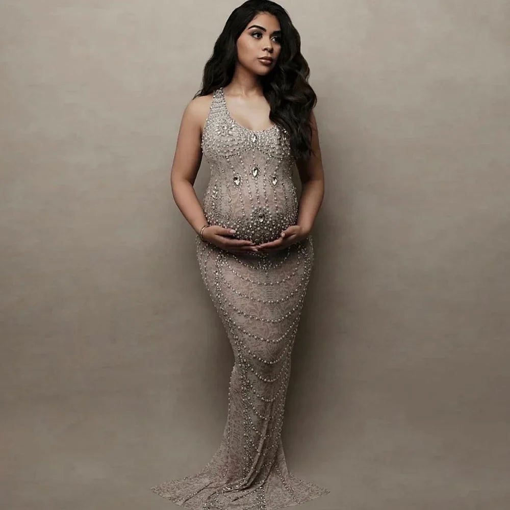 nvxiot - Sexy see-through Stretch Maternity Dress Photography Gown Shiny Goddess Rhinestones Pearls Luxurious Dress For Photo Shoot Props