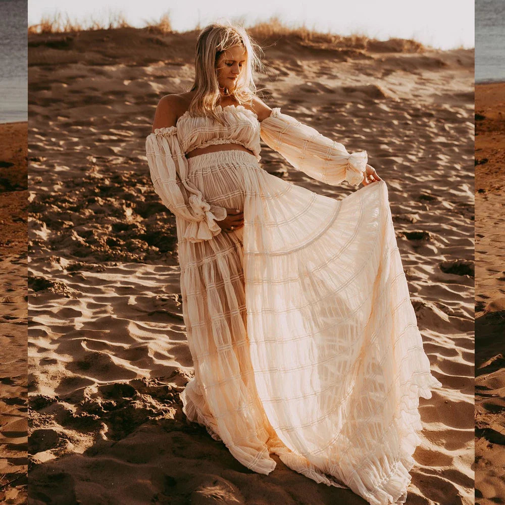 nvxiot - Maternity Gown For Photo Shoot Pleated Chiffon Sexy Off Shoulder Top Ruffled Split Dress Photo Shoot Photography Dress For Women