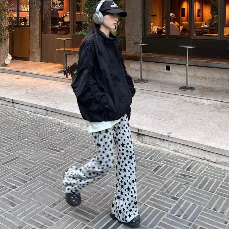nvxiot - Star Print Flared Pants Women New Fashion Loose Drape High Waist Casual Pants American Retro Trend Striped Wide leg Pants