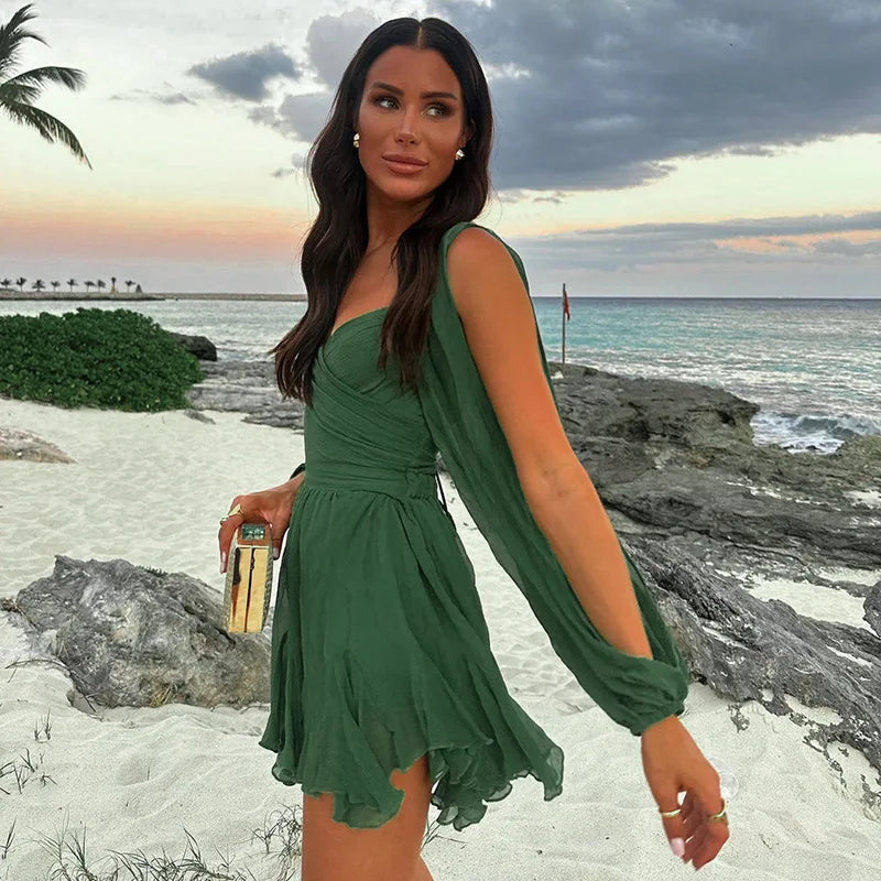 MQTIME - Women Sexy Chiffon Mini Dress V-neck Split Lantern Sleeve Lace Up Backless Fit Flare Summer Holiday Beach Outfits Casual Vestido