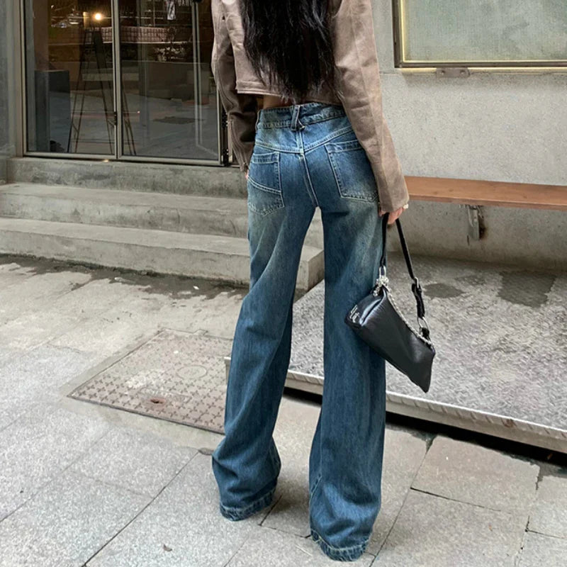 nvxiot Korean Retro Splicing Loose Casual Jeans Y2K Women Autumn New High Waist All Match Washed Denim Wide Leg Pants