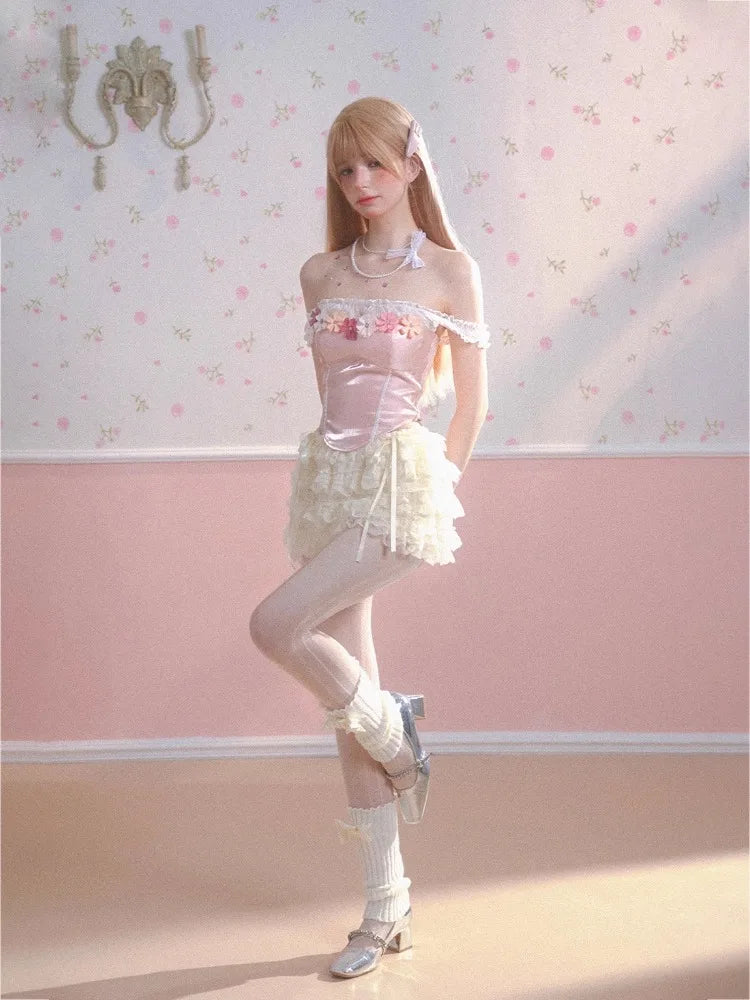 MQTIME - Pink Flower Off Shoulder T Shirts for Women Ballet Style Lace Patchork Corset Y2k Tops Summer Fashion Aesthetic Clothes