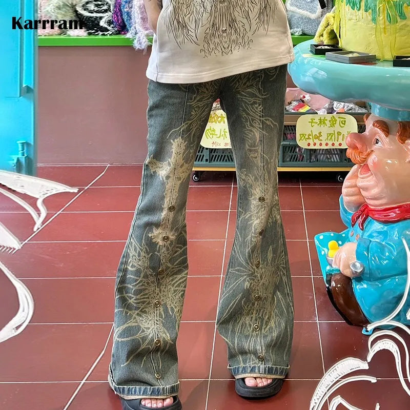 nvxiot - Grunge Tattoo Print Jeans Vintage Distressed Flare Jeans Japanese Y2k Laser Denim Pants Boyfriend Mopping Jeans Harajuku