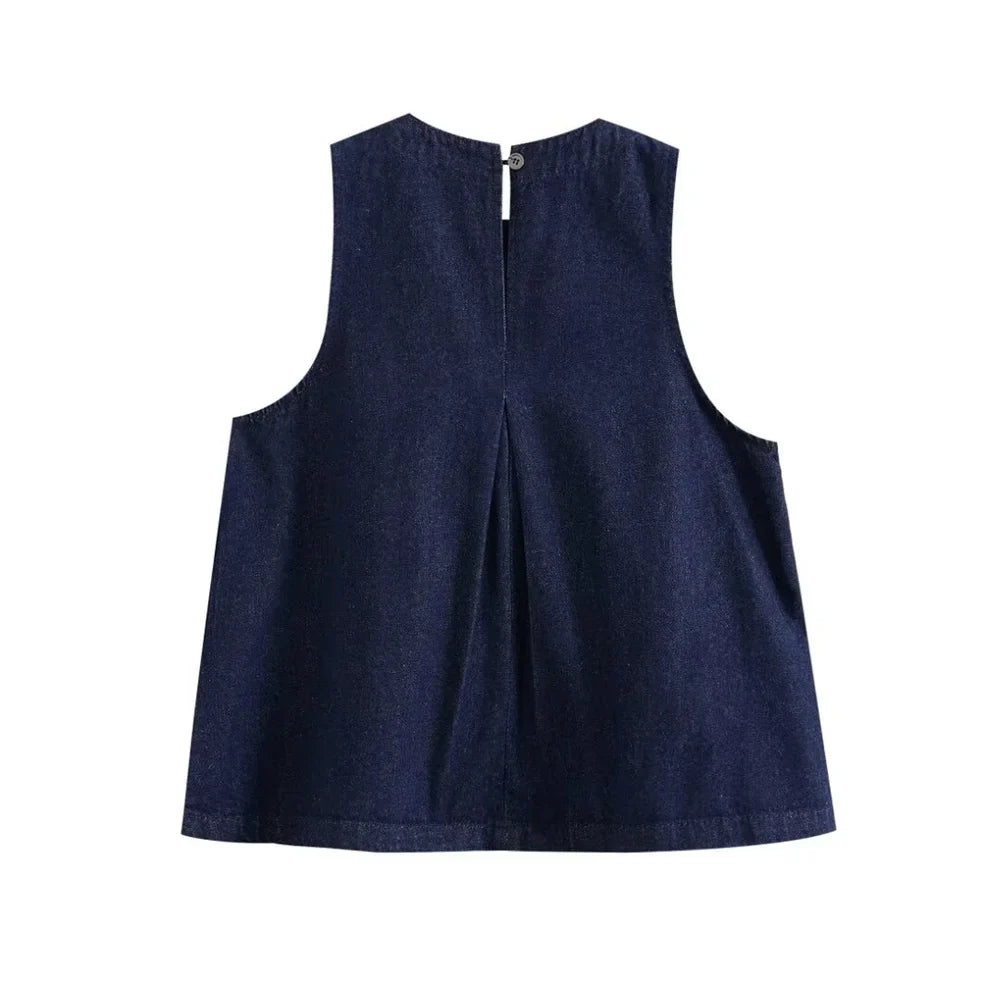 MQTIME - 2024 Summer New Product Women's Style Loose Fit Round Neck Sleeveless Solid Wood Ear Edge Denim Top