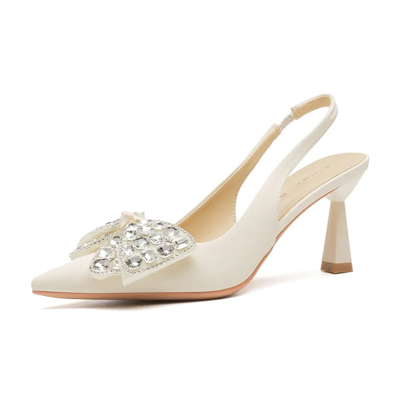 MQTIME - Comfort Shoes for Women Beige Heeled Sandals Black Bow Stiletto Clear Low 2024 Pointed Open Rhinestone Girls High Closed Sweet R