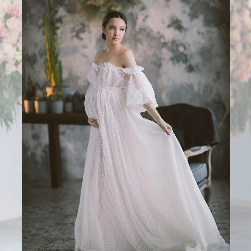 nvxiot - Maternity Photography Dresses Tulle off Shoulder Gown Boho Bridal Dot Wedding Dress Photo Shoot Photography Dress For Women