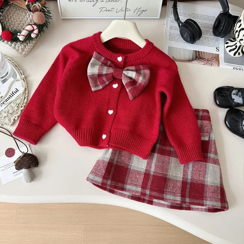 MQTIME - Girls Suits Autumn Winter Sweaters Cardigans+Skirt Fashion Baby Girl Clothes Sets Fall Princess Children Casual Clothing 2-7Yrs