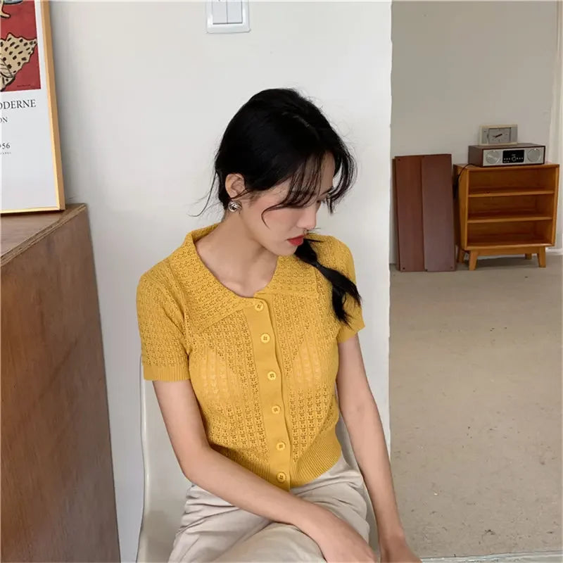 MQTIME - Women 2024 Lapel Hollow Out Short Sleeves Knitted All-Match Solid Fashion Casual Elastic Chic Basic Short Sweaters Streetwear