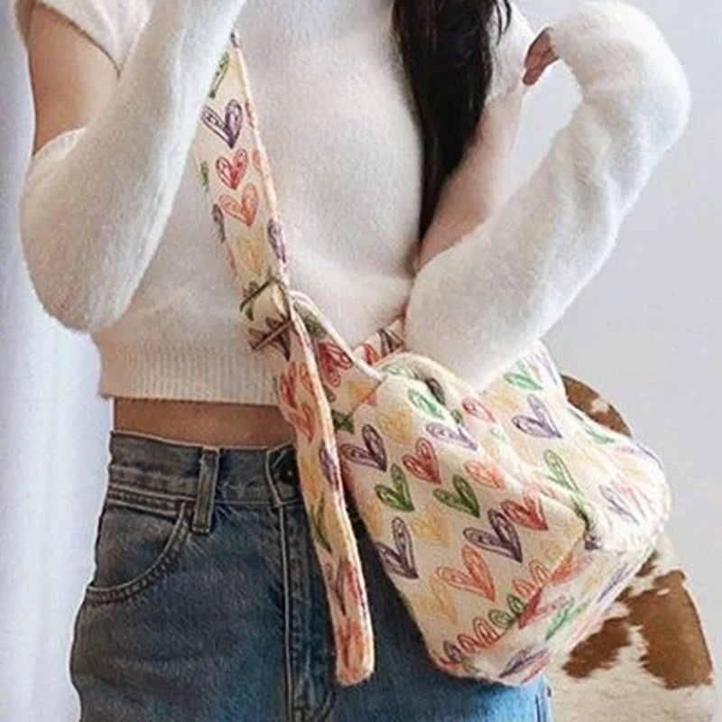 nvxiot Autumn & Winter Rainbow Love Square Bag for Women Cute Colorful Printed Plush Shoulder Bag Fashion Female Casual Crossbody Bags