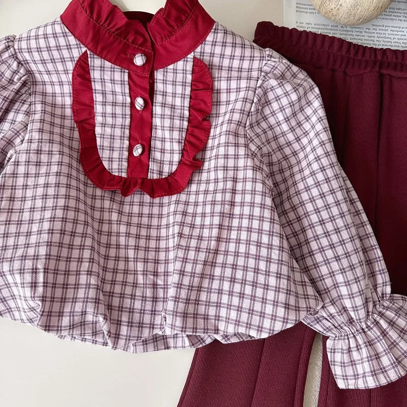 MQTIME - Girls Clothes Sets Autumn Spring Long Sleeve Plaid Shirt+Pants Fashion Korean Children Suits Fall Kids Baby Girl Clothes 2-8Yrs
