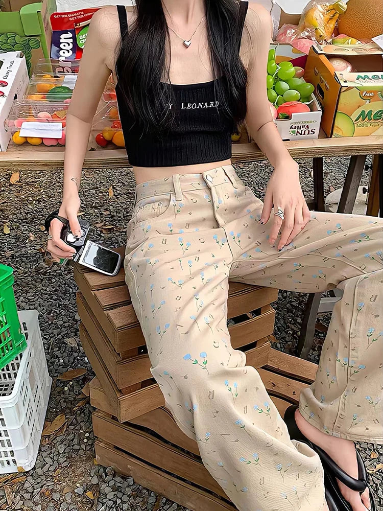 nvxiot - Plus Size Women'S Straight Jeans Small Fragmented Flower Printed Denim Pants Y2k New Wide Leg Chic Ladies Fashion Long Trouser
