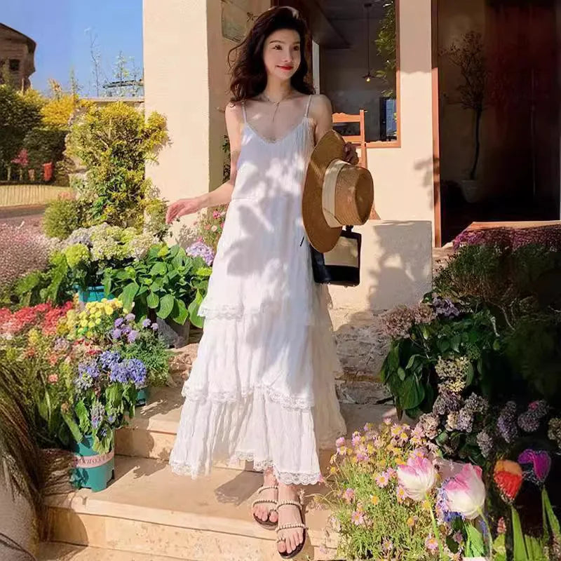 MQTIME - Fairy White Dress Seaside Vacation Beach Dress Premium French Long Halter Summer Loose Dress