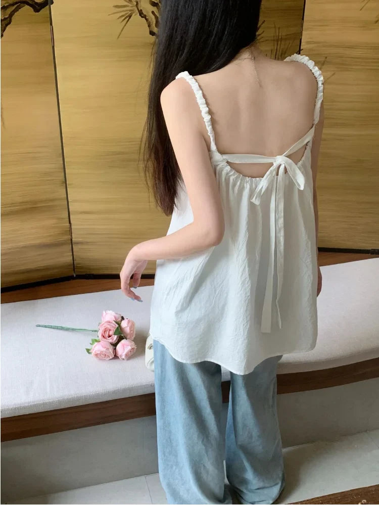 nvxiot - 2024 Summer Dopamine Versatile Slimming Tank Top Bow Top with One Line Neck Beach Style Long Top Sweet Girl Style