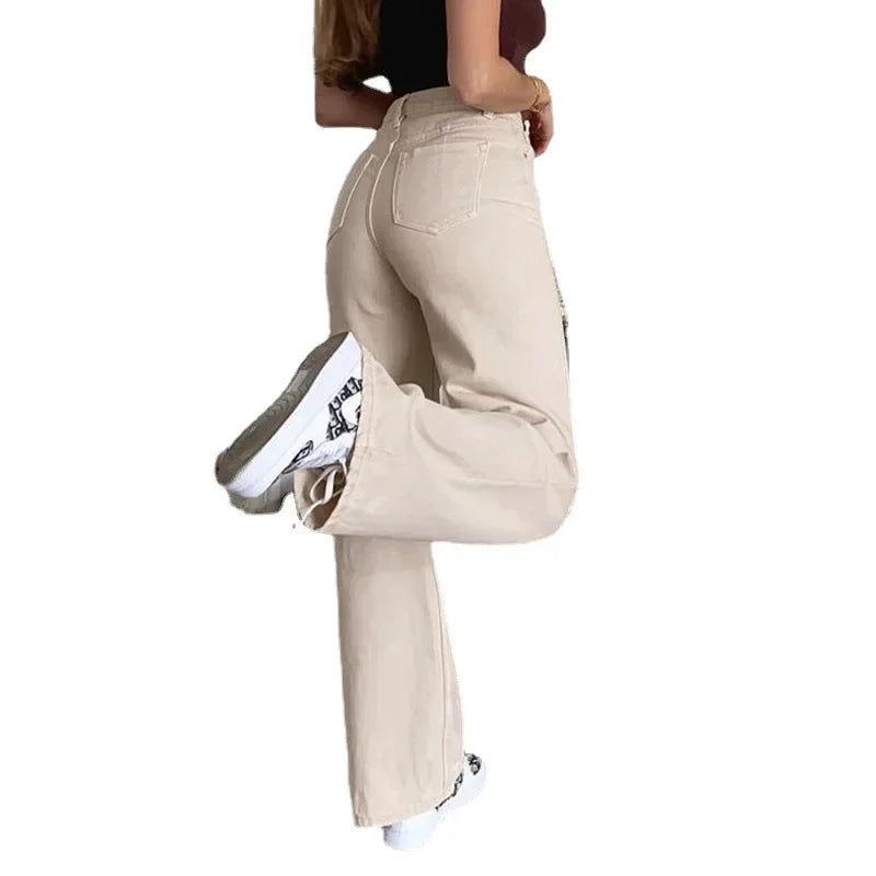 nvxiot - New Apricot Autumn Casual Wide-leg Pants with Holes In The Knees Solid Color High-waist Denim Trousers Women Streetwear