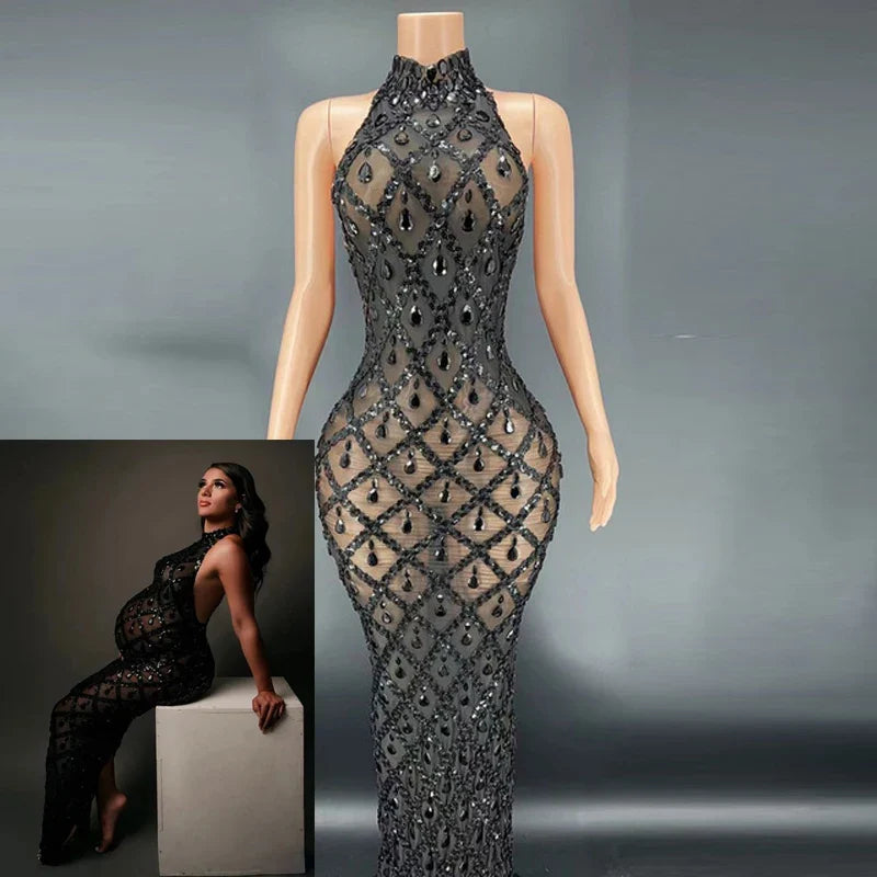 nvxiot - Maternity Photography Sexy Shiny Goddess Bodysuit Rhinestone Maternity Dress For Photo Shoot
