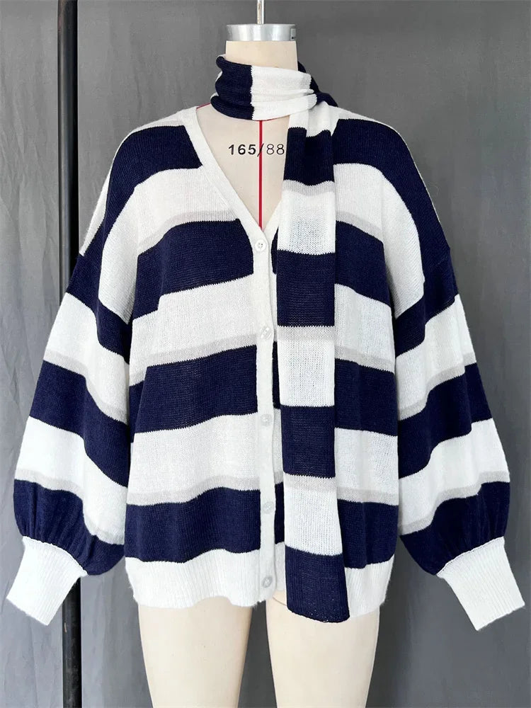 MQTIME - V-Neck Scarf Sweater Cardigan Female Contrast Casual Patchwork Autumn Hollow Out Outwear Women's Knitwear Coat Cardigan