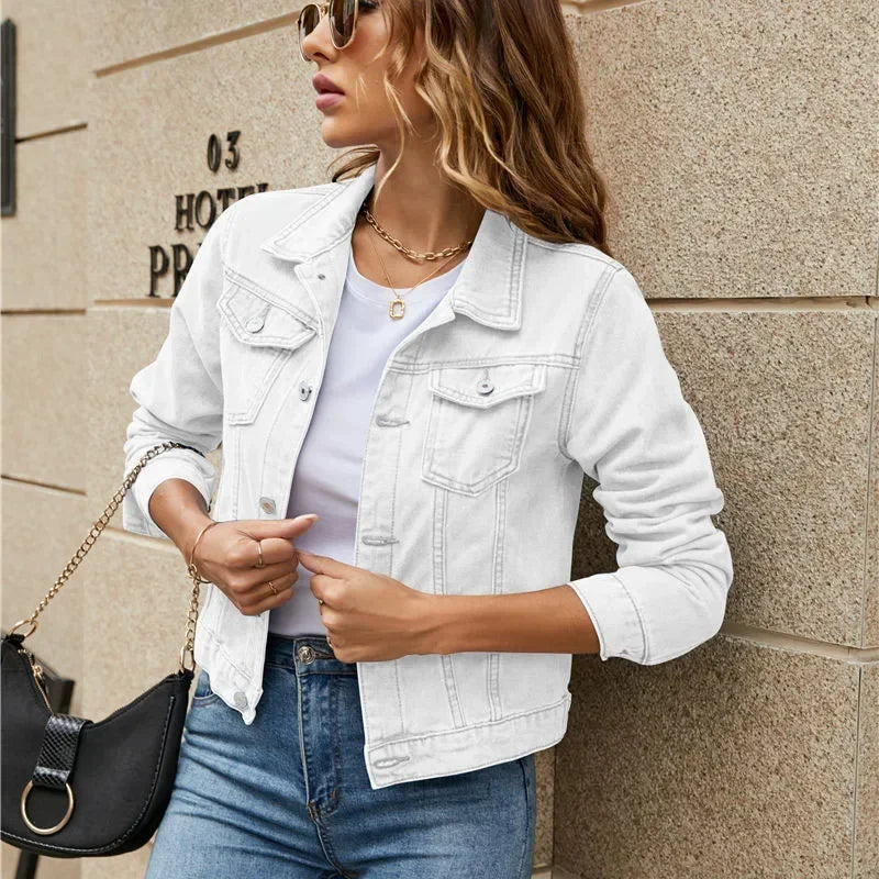 MQTIME - 2024 New Women Short Denim Jackets Fashion Female Casual Long Sleeve Lapel Solid Button Pocket Slim Jean Jacket Fall Winter Coat