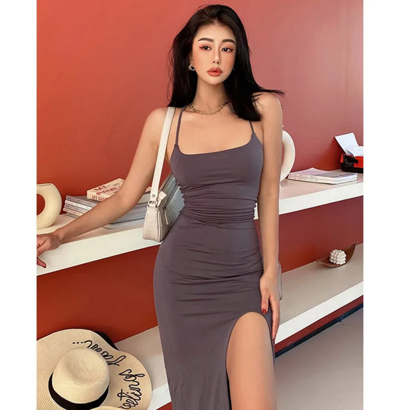 MQTIME - Black Birthday Dress Sexy Girl Tank Vest Dress Backless Tight Split Robe Beach Dresses Hip Split Mid-length Long Maxi Dresses