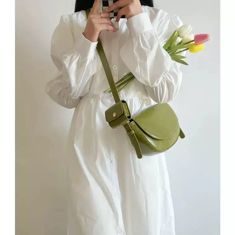 MQTIME - Vintage Green Shoulder Bag Women High Street Leather Casual Saddle Bag Handbag Female Retro Solid Crossbody Bags Ladies