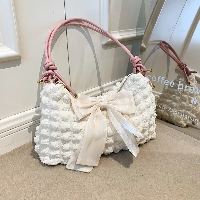 nvxiot - Fashion Pink White Handbags For Women Sweet Bow Simple Casual Shoulder Bags Ladies Daily Shopping Bag Underarm Tote Shoulder Bag