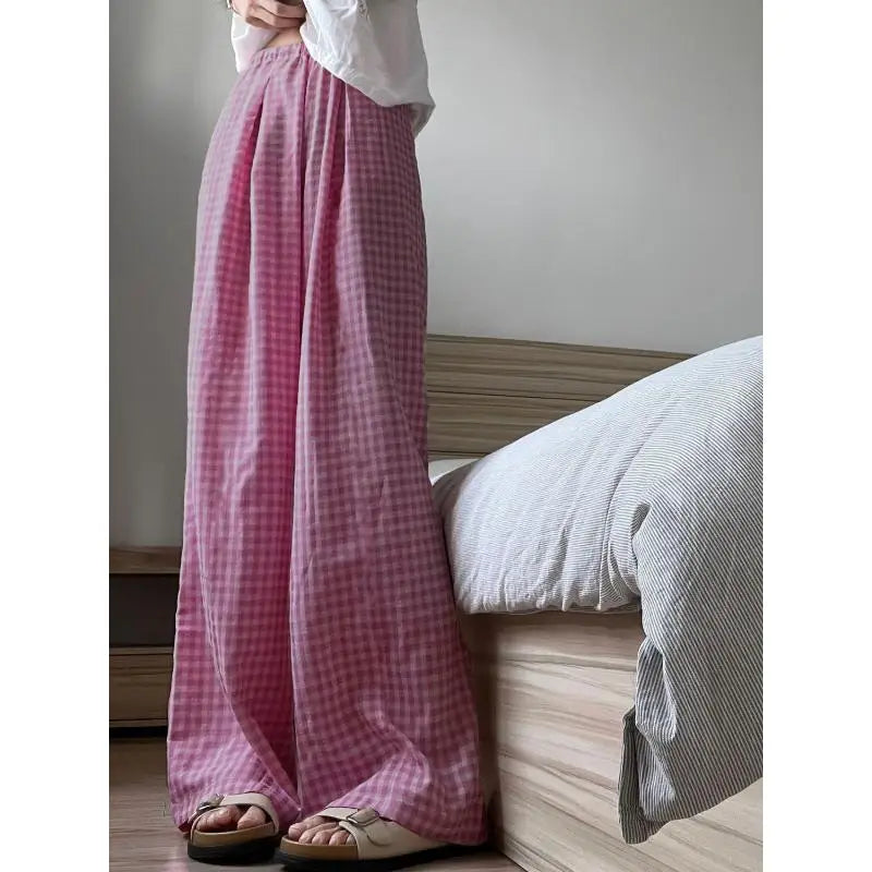 nvxiot - High Waist Loose Straight Long Pink Plaid Pant Women's Pants 2024 y2k Wide Leg Trouser Summer Boho Baggy Leg Korean Casual