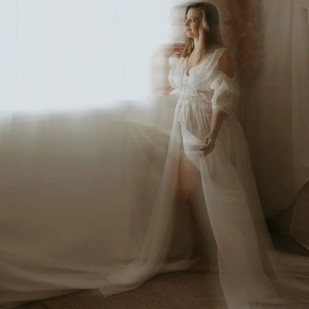 nvxiot - Maternity Photography Props Dress V-neck Embroidered Cotton Lace&Chiffon Dress Photo Shoot Photography Dress For Women