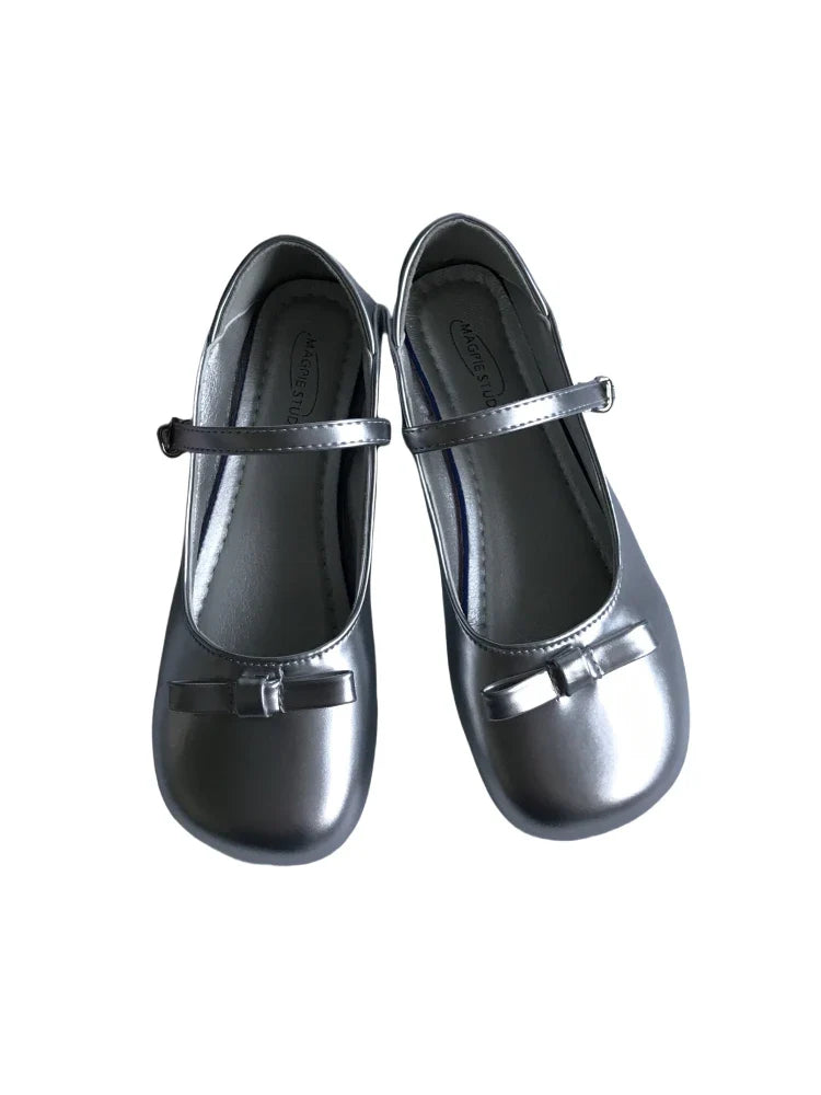 MQTIME - Silver French Fashion Bow Flat Women's New Summer Retro Pu Leather Shoes Elegant Feminine Lolita Mary Jane Shoes