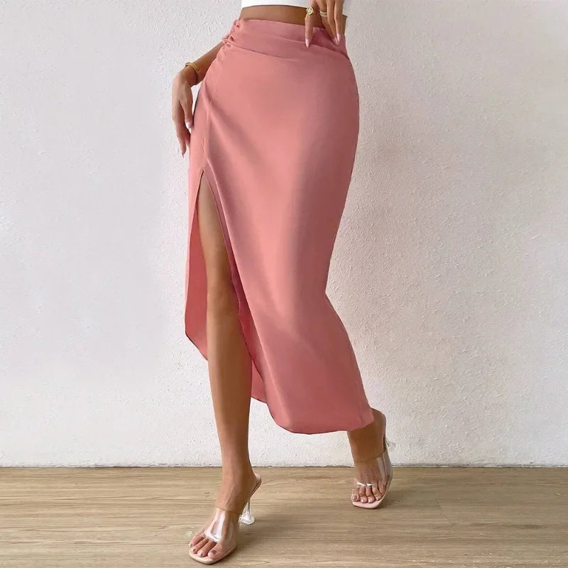 MQTIME - 2024 Spring/Summer New Sexy Split Irregular Temperament Commuting Fashion Pink Elegant Fold Wrapped Hip Skirts for Women YSQ30