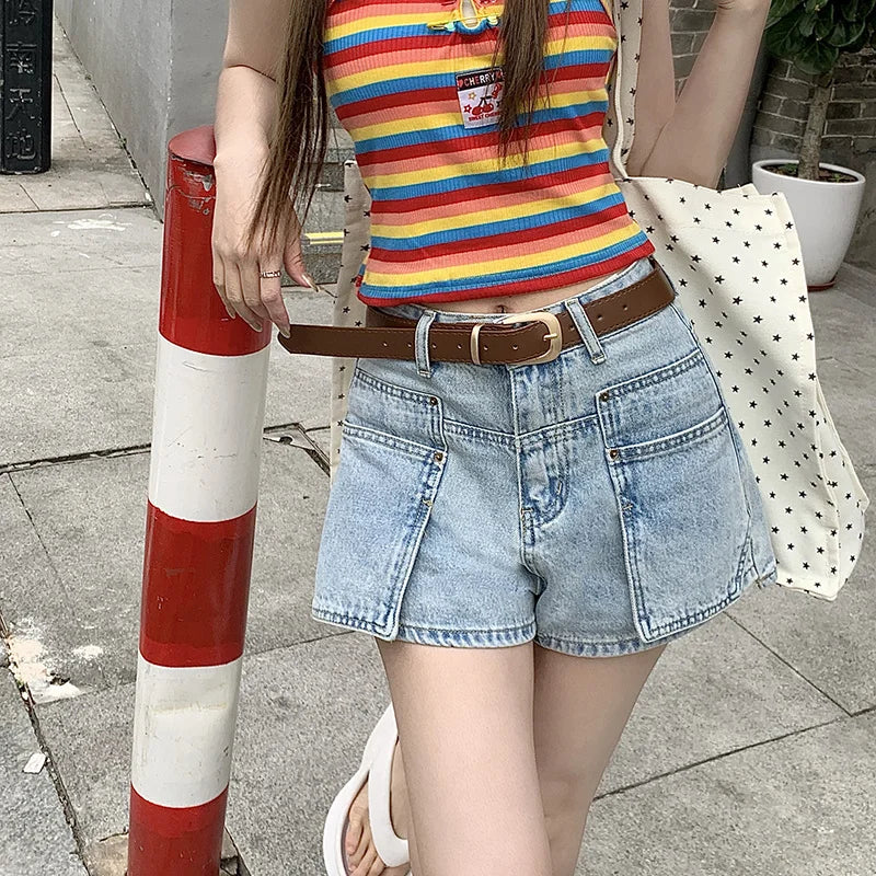MQTIME - Women's Light Blue High Waisted Denim Shorts Summer Young Girl Vintage American Street Style Female Loose Mini Jeans