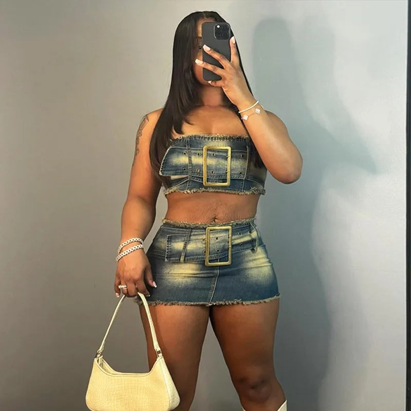 nvxiot - Women Sexy Denim Tassel 2 Piece Set Grommet Buckle Belt Strapless Crop Tops + Mini Skirts High Stretch Streetwear Jeans Suits