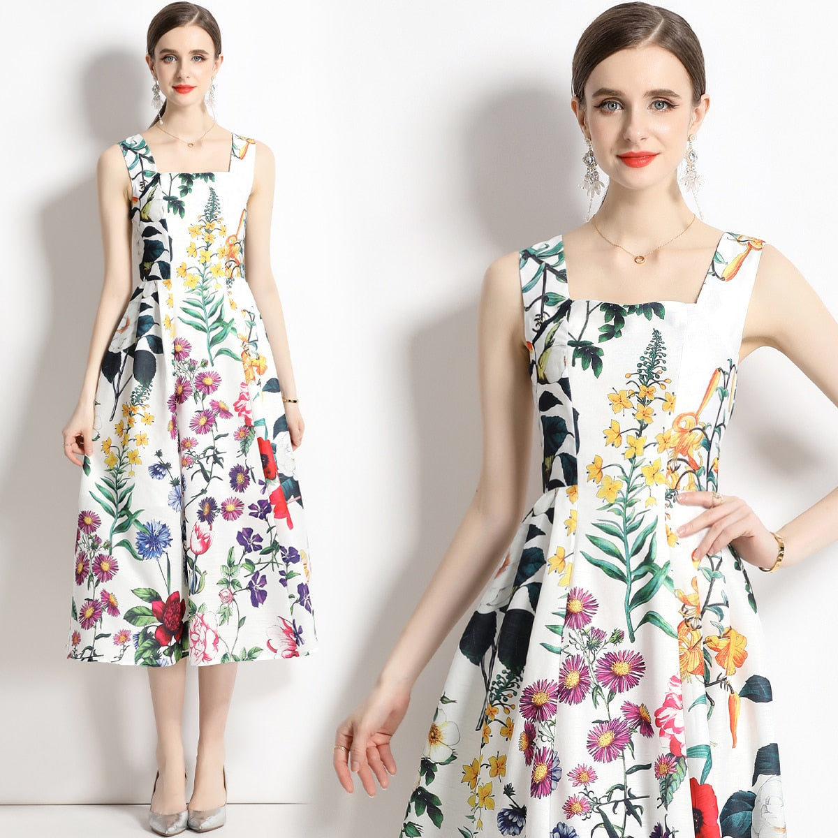 nvxiot Runway Dress Women Summer Flower Dresses Female Beach Straps Ruffles Sundress Lemons Fruits Print Floral Maxi Dress